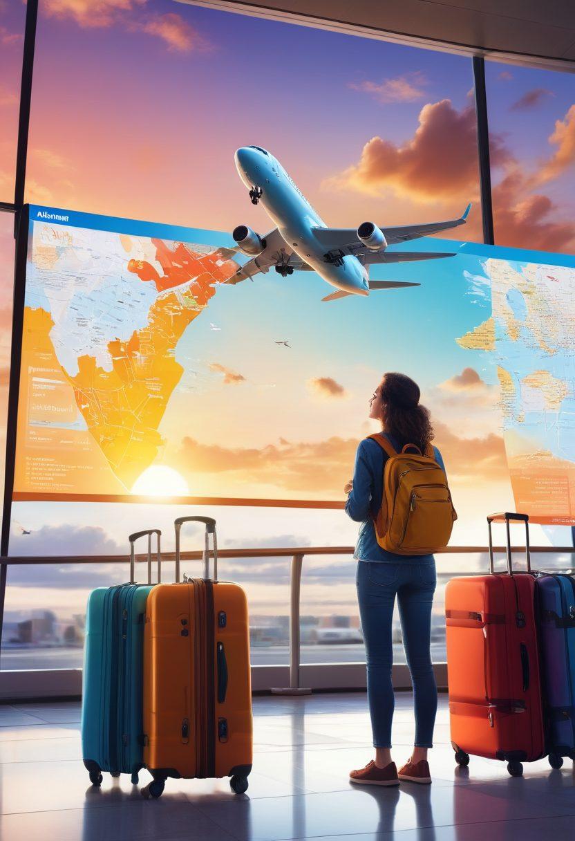 A traveler standing at an airport terminal, joyfully looking at a vibrant digital display showcasing exciting airline offers. The scene includes colorful luggage, world maps, and travel brochures scattered around. There are diverse people around, all excitedly planning their journeys. The sky outside shows a bright sun and airplanes taking off in the distance. travel-themed illustration. vibrant colors. 3D.