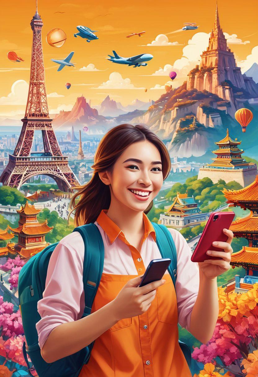 A joyous traveler with a big smile, holding a smartphone displaying a flight and hotel booking app, surrounded by iconic travel landmarks in the background like the Eiffel Tower and the Great Wall of China. The scene is filled with vibrant colors, showcasing excitement and adventure, with currency symbols representing fantastic discounts floating around. Illustrative style with a touch of whimsy. bright colors. vector art.