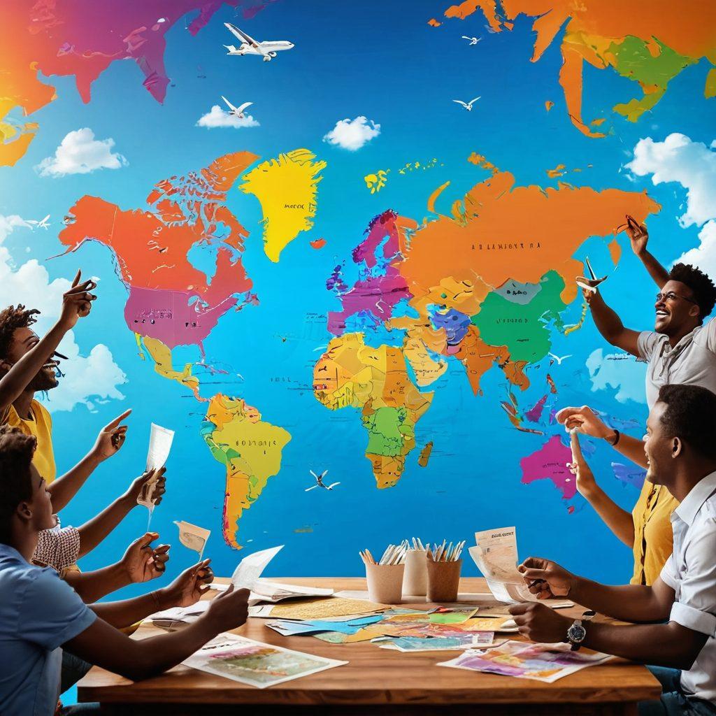 A vibrant travel scene depicting an excited group of diverse travelers planning their joyful journey with a world map and colorful flight tickets spread out on a table. Lush landscapes in the background transitioning into airplane silhouettes in the sky. Emphasize a sense of adventure and affordability with cheerful expressions. Bright colors and a lively atmosphere to evoke a sense of excitement. digital art. vibrant colors. white background.